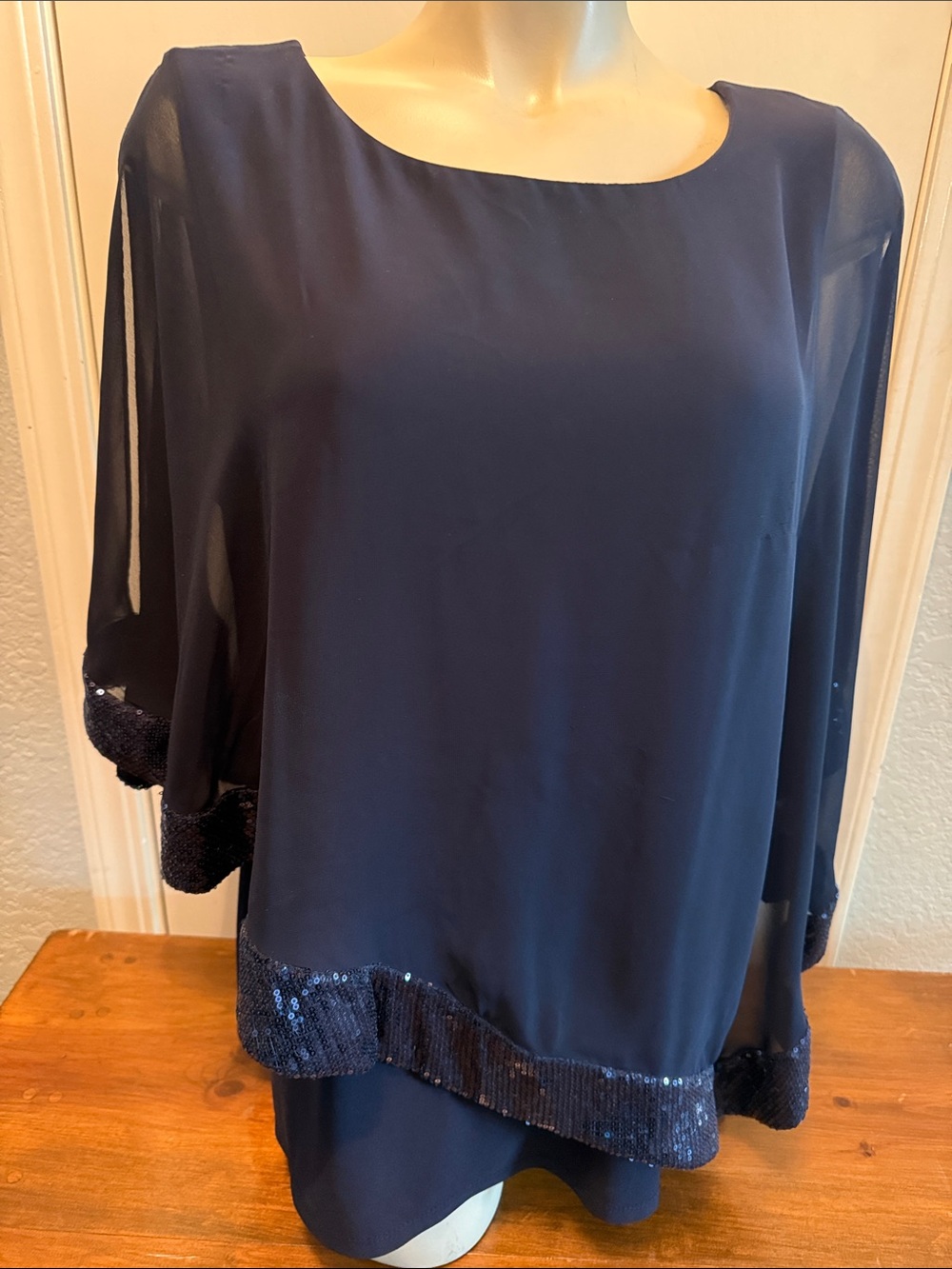 DressBarn Navy Blue Chiffon Sequin-Trim Blouse